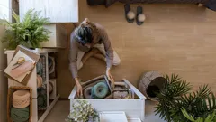 Persona organizando cajas y objetos decorativos en una habitación con plantas en Chile.